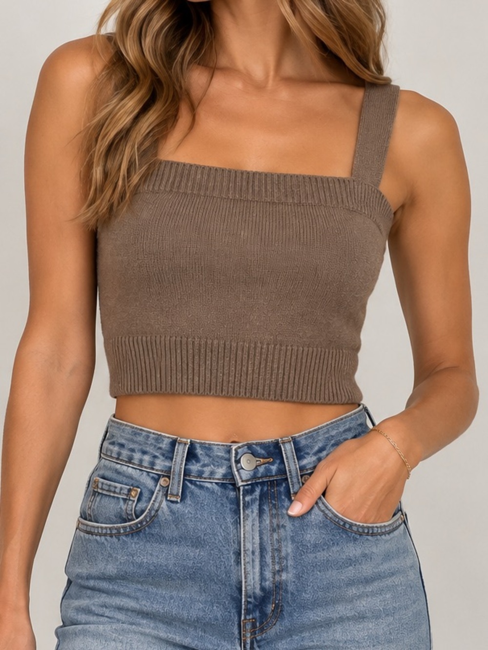 H&M Sweater Knitted Cropped Tank Top Mocha Brown Ribbed Medium